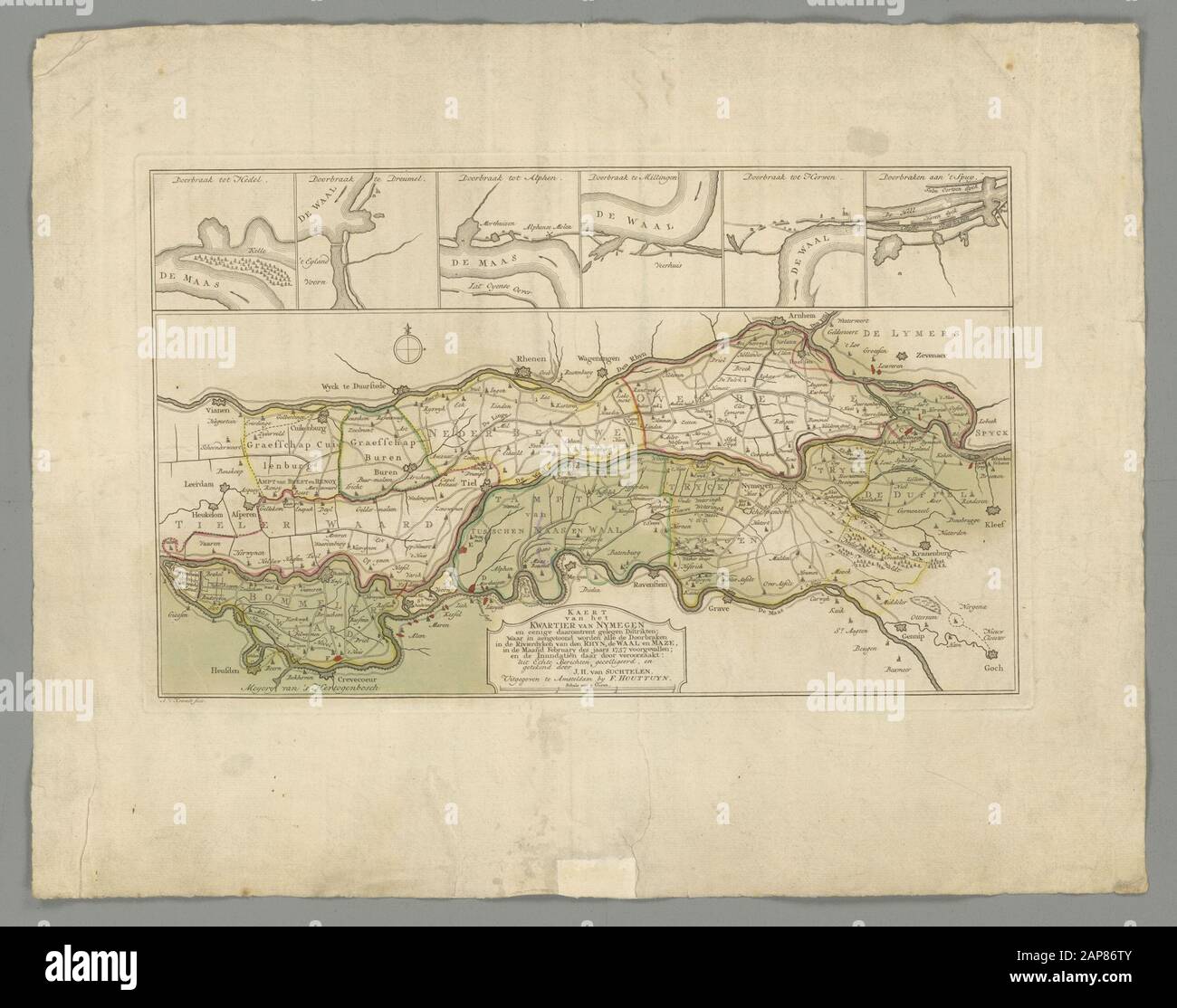 Carte du quartier de Nimègue et de certains quartiers environnants avec les percées des digues du Rhin, du Waal et de la Meuse au mois de février 1757 événements et quelques ondulations. Imprimé par F. Houttuyn. Sculpt: A. c. Krevelt. Date: 1757 Banque D'Images