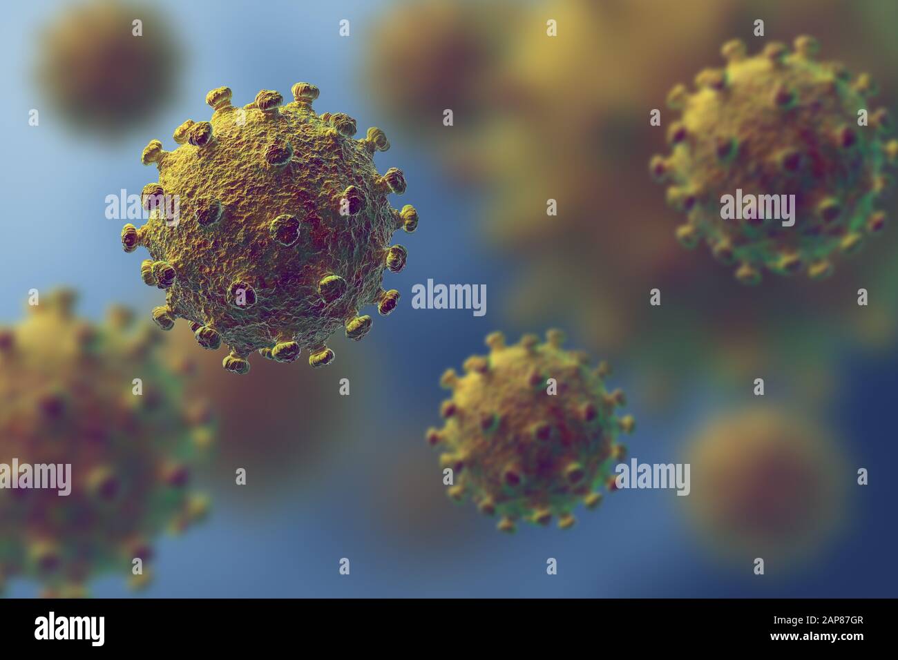 Virus de la grippe ou du VIH flottant dans une vue microscopique fluide, concept de pandémie ou d'infection virale - illustration tridimensionnelle Banque D'Images