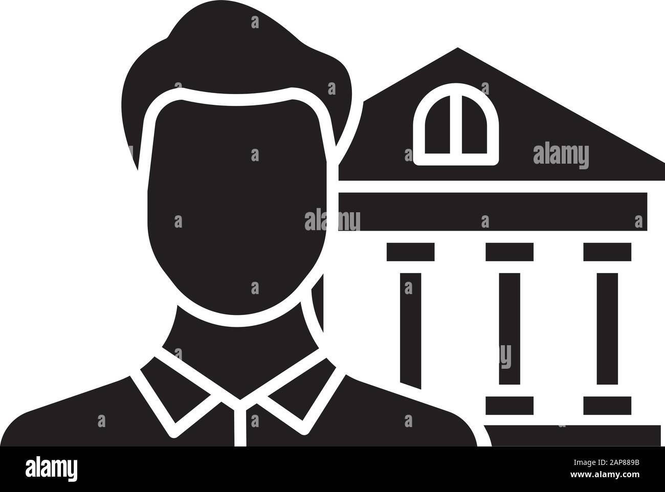 Icône glyphe du gestionnaire de crédit. Homme d'affaires professionnel. Employé du service à la clientèle. Economie, industrie financière. Bâtiment de banque. Symbole silhouette. Negati Illustration de Vecteur