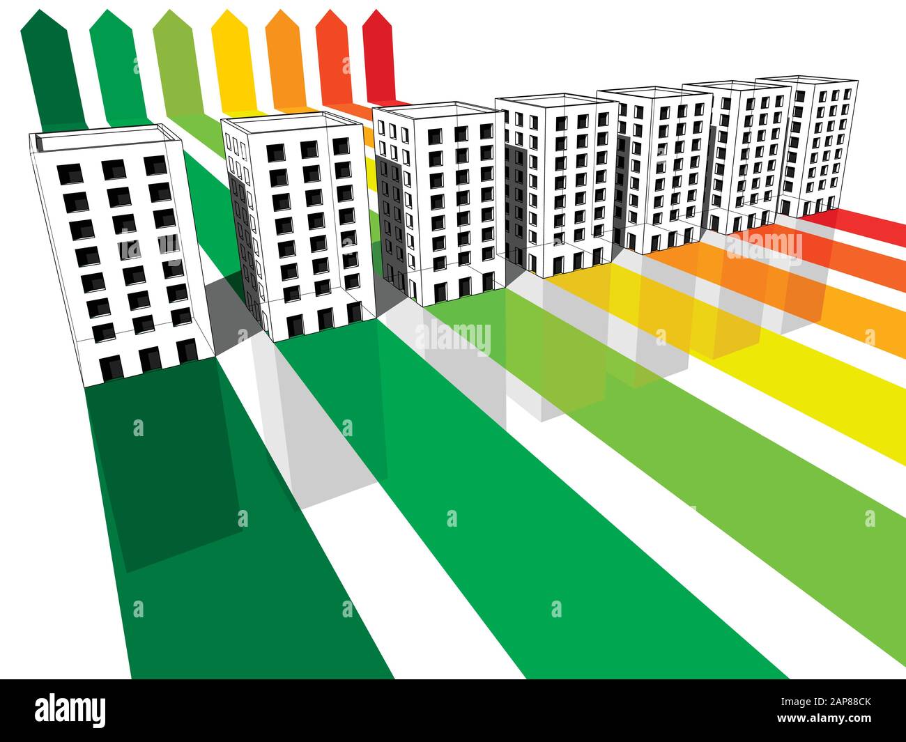 sept maisons d'appartements ou immeubles de bureaux certifiés dans sept classes d'énergie dans le diagramme de notation énergétique Illustration de Vecteur