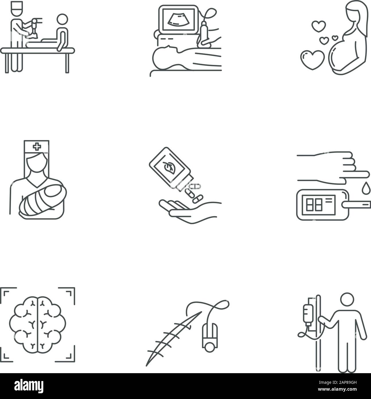 Ensemble d'icônes linéaires de procédure médicale. Prothèses. Diagnostic par ultrasons. Grossesse, pédiatrie. Test sanguin. Acquisition cérébrale. Symboles de contour de ligne mince. Isol Illustration de Vecteur