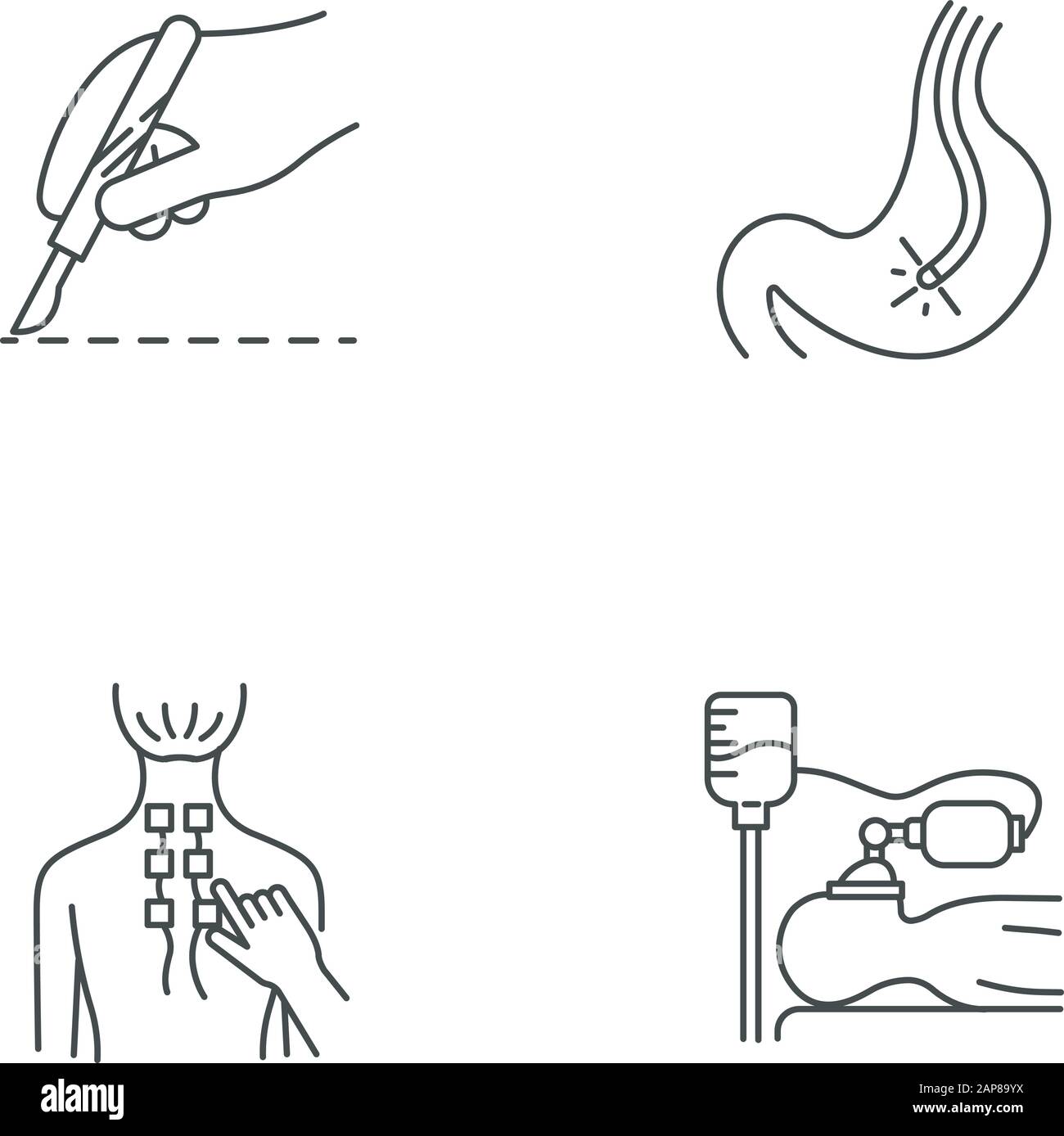 Ensemble d'icônes linéaires de procédure médicale. Chirurgie. Endoscopie et gastroscopie. Physiothérapie. Soulagement de la douleur au dos. Anesthésie. Symboles de contour de ligne mince. Isolat Illustration de Vecteur