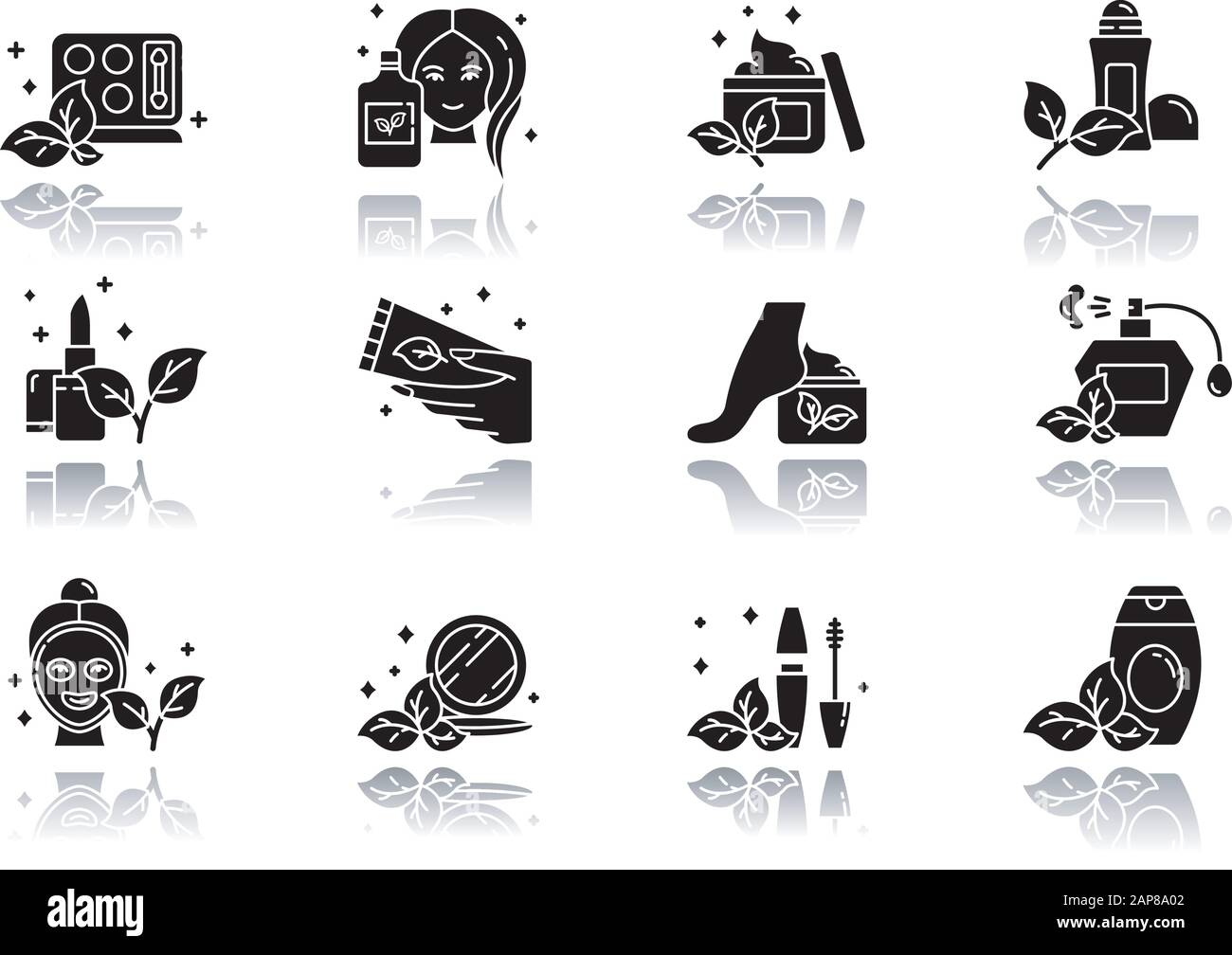Cosmétiques organiques ombre de goutte noir glyphe icônes jeu. Rouge À Lèvres. Mascara. Crème, lotion. Parfum. Produits de soin de la peau ECO. Articles de maquillage. Aide à la beauté des visères Illustration de Vecteur