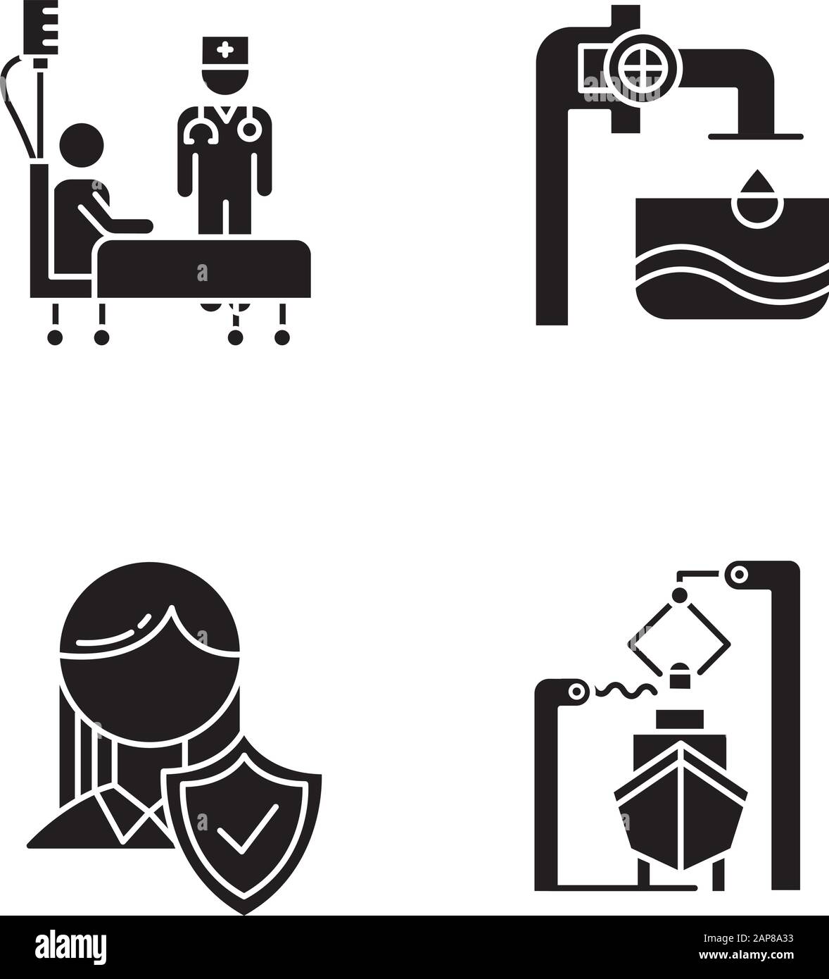 Jeux d'icônes de glyphe de types de secteur. Services de santé. Alimentation en eau. Assurance vie. Production de construction navale. Bateau, navire, véhicule marin. Aide médicale. Illustration de Vecteur