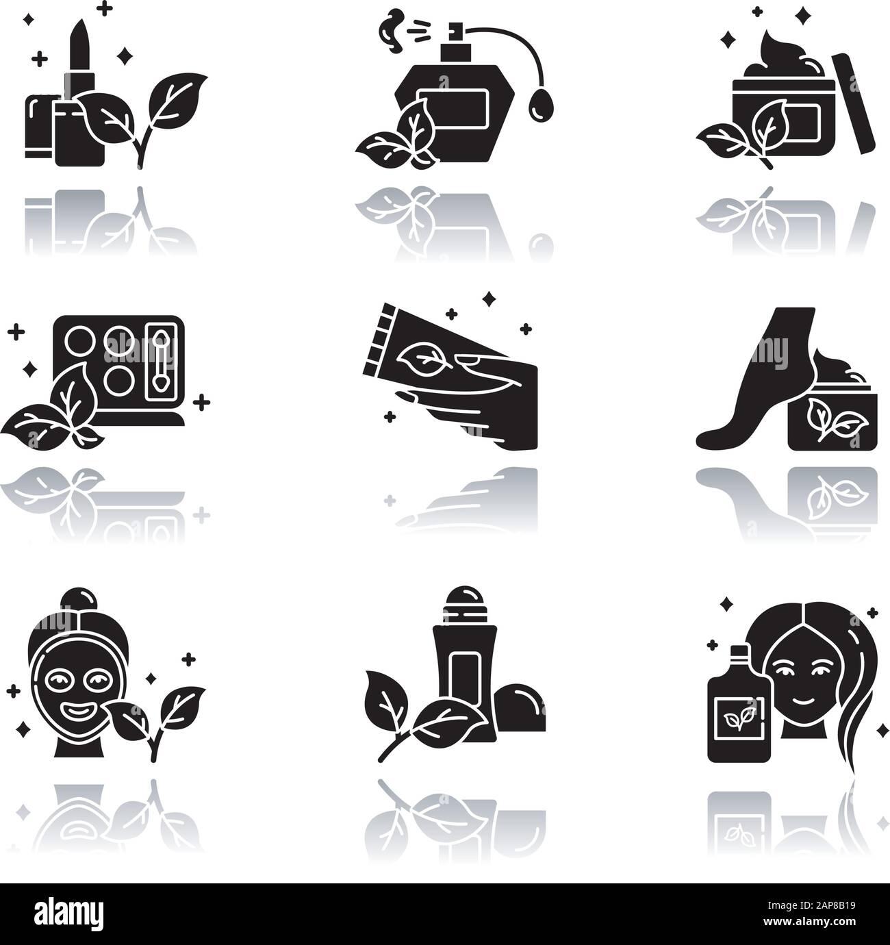 Cosmétiques organiques ombre de goutte noir glyphe icônes jeu. Rouge À Lèvres. Parfum, parfum. Crème de soin de la peau. Kit de fard à paupières. Masque facial. Shampooing. Déodorant. Nat Illustration de Vecteur