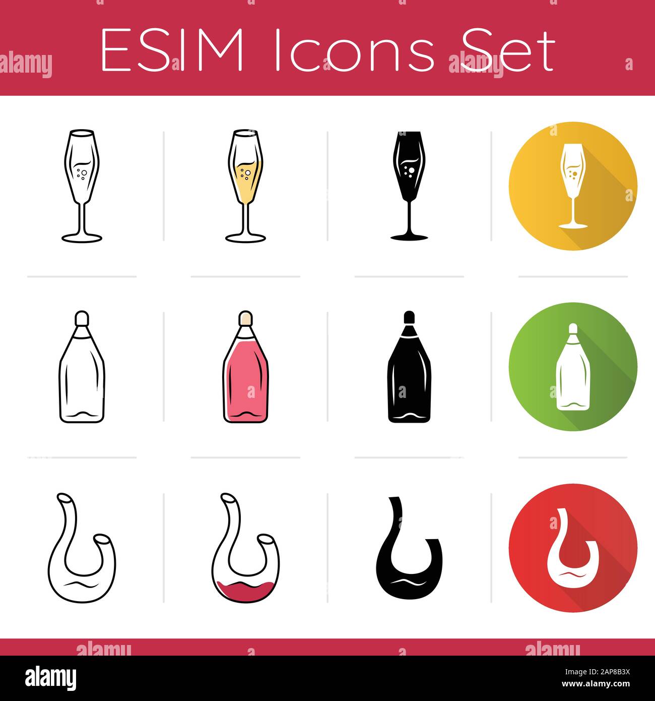 Ensemble d'icônes de verrerie de restaurant. Verre à vin, décanteur, bouteille. Séminaire, boisson alcoolisée, apéritif. Conception plate, styles linéaires, noir et couleur. Isoler Illustration de Vecteur