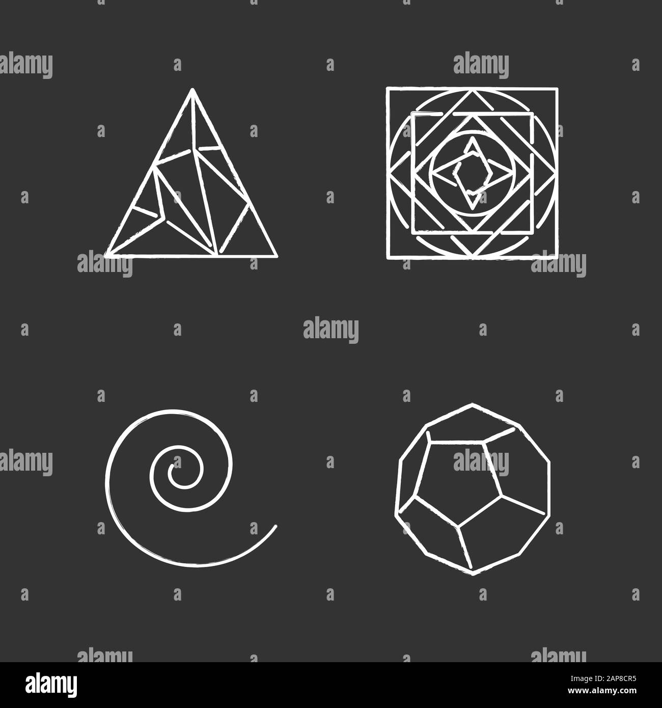 Figures géométriques jeu d'icônes de craie. Triangle polygonal. Carré avec ornement de cercle. Tourbillons, stokes incurvés. Formes abstraites. Dodécaèdre. Isométrique FO Illustration de Vecteur
