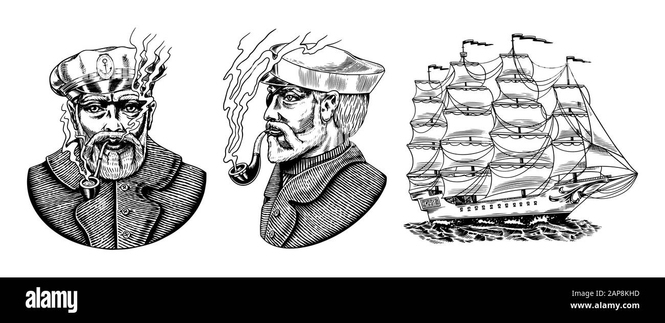 Bateau de voile nautique en mer. Capitaine ou marin avec pipe. Marin avec barbe. Bateau de mer, Voilier marin, caravel nautique. Transport d'eau Illustration de Vecteur