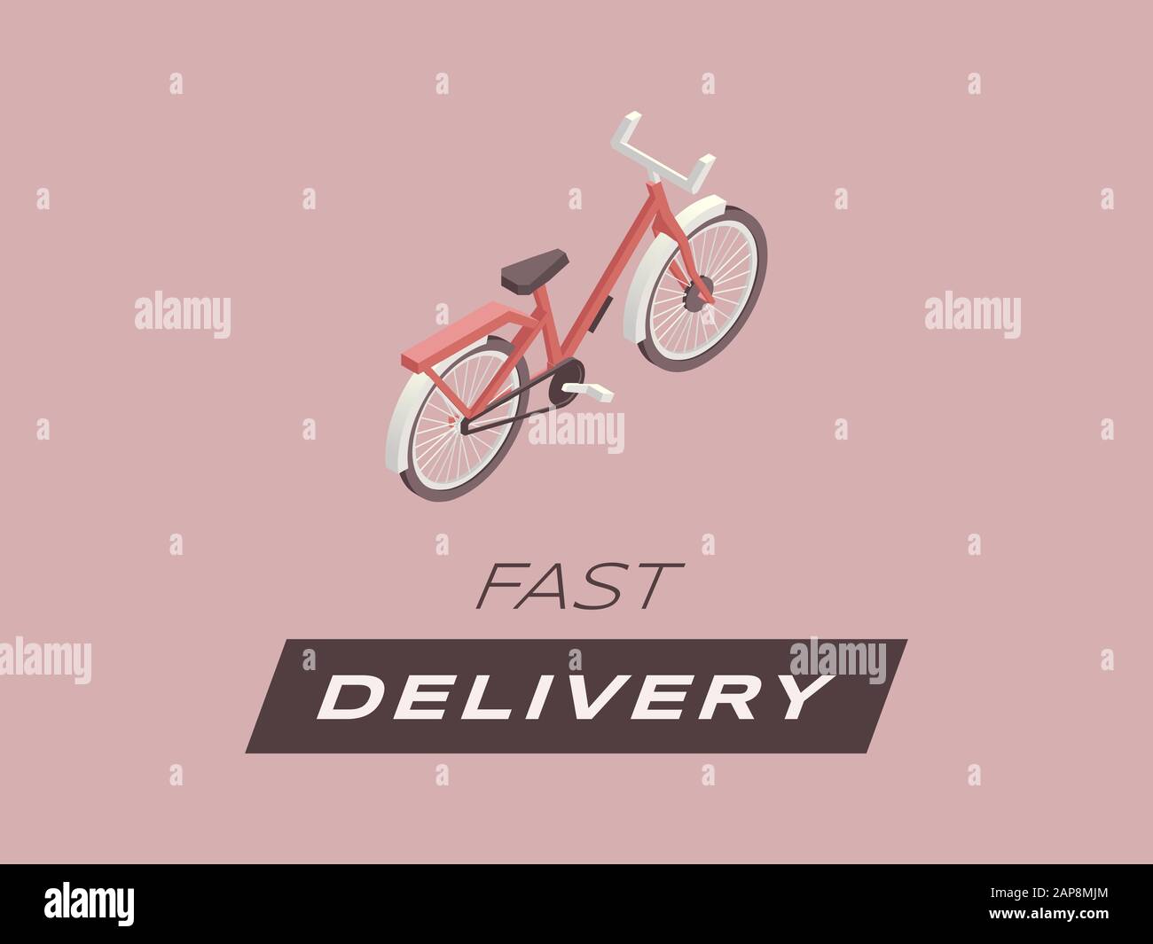 Modèle vectoriel de bannière plate à livraison rapide. Livraison express, concept d'affiche de service de messagerie urbain, transport local. Illustration isométrique de vélo avec typographie Illustration de Vecteur