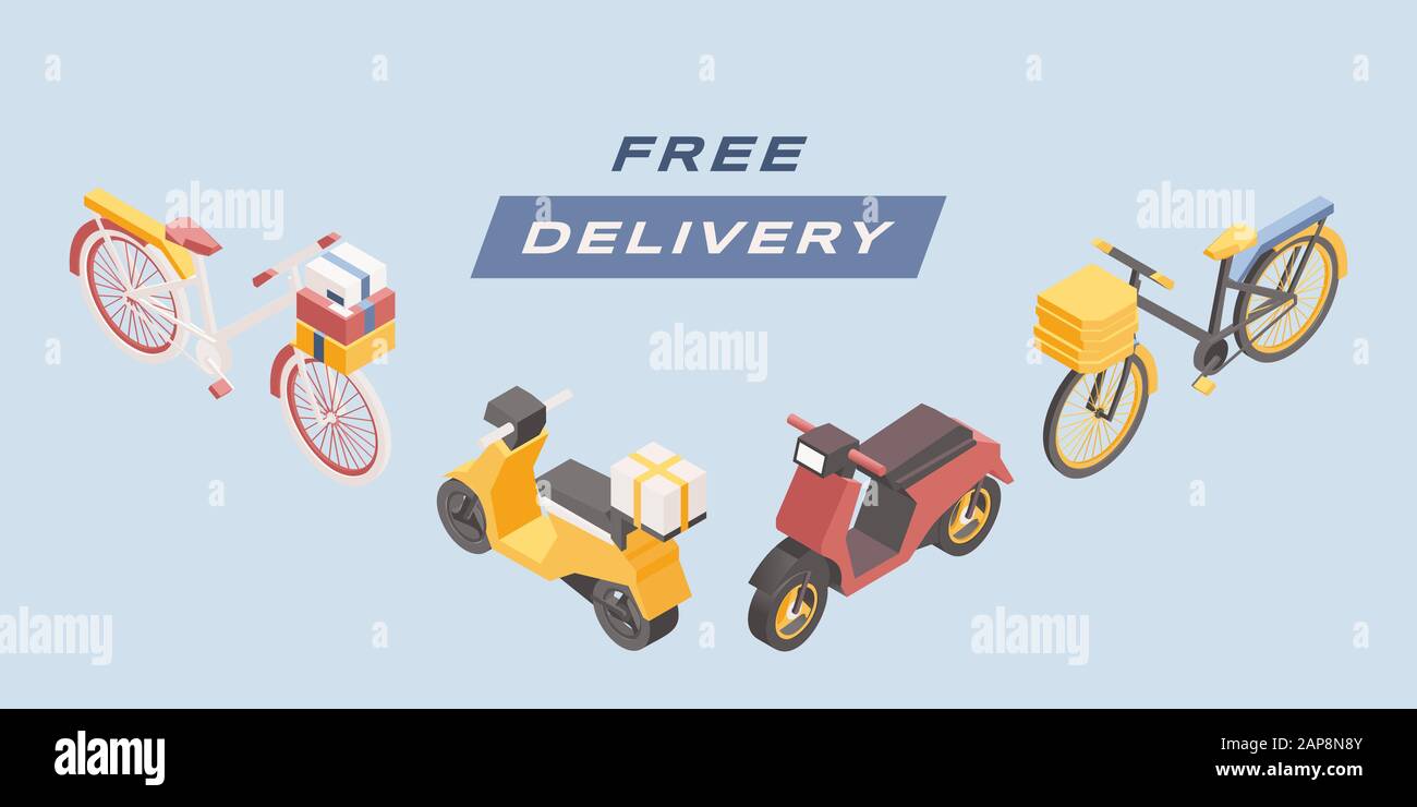 Modèle de bannière isométrique vectoriel de livraison gratuite. Kit d'illustrations de vélos de dessin animé, scooters et motos. Expédition express de marchandises urbaines, livraison rapide de nourriture publicité conception d'affiche Illustration de Vecteur