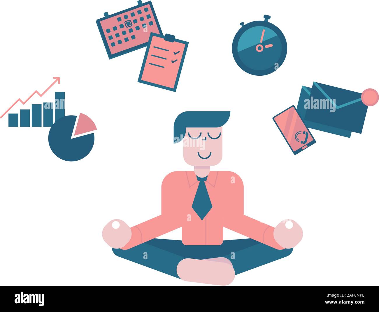 Homme d'affaires méditant, concept de gestion du temps, soulagement du stress et résolution de problèmes. Homme pensant aux affaires dans lotus pose. Illustration vectorielle Illustration de Vecteur