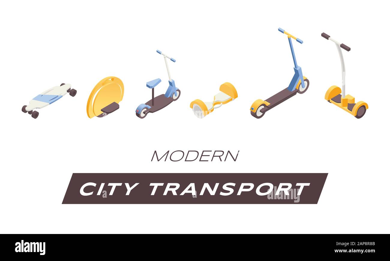 Modèle de bannière vectorielle moderne de transport urbain. Le voyage urbain contemporain signifie des illustrations isolées sur fond blanc. Affiche tendance écologique des véhicules avec typographie Illustration de Vecteur
