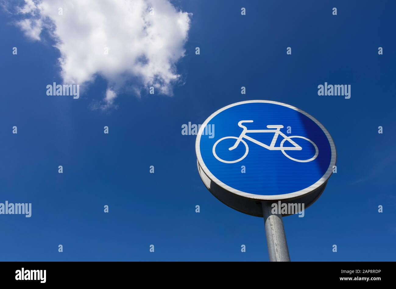 Panneau de route « Bike PATH » lors d'une journée d'été contre un ciel bleu clair avec un nuage blanc Banque D'Images