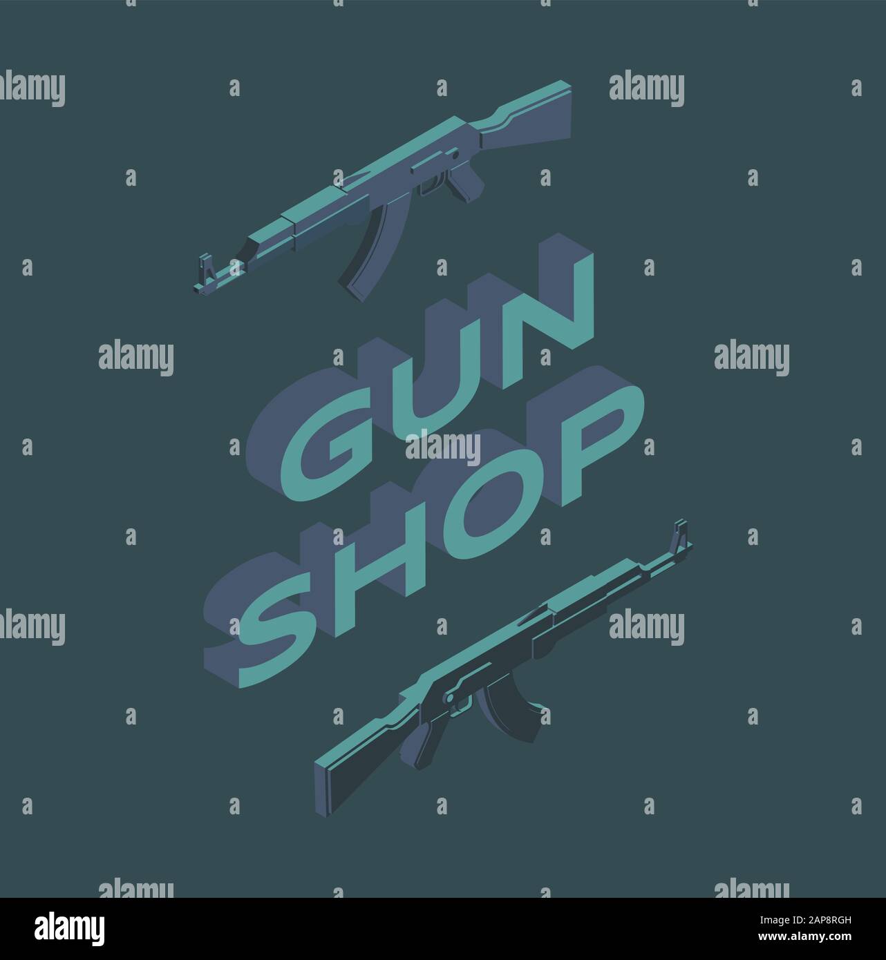 Modèle de bannière pour les réseaux sociaux Canon Shop. Vente au détail de munitions, magasin d'armes, vente d'armes à feu publicité affiche design. Mitrailleuses automatiques illustration isométrique avec typographie Illustration de Vecteur