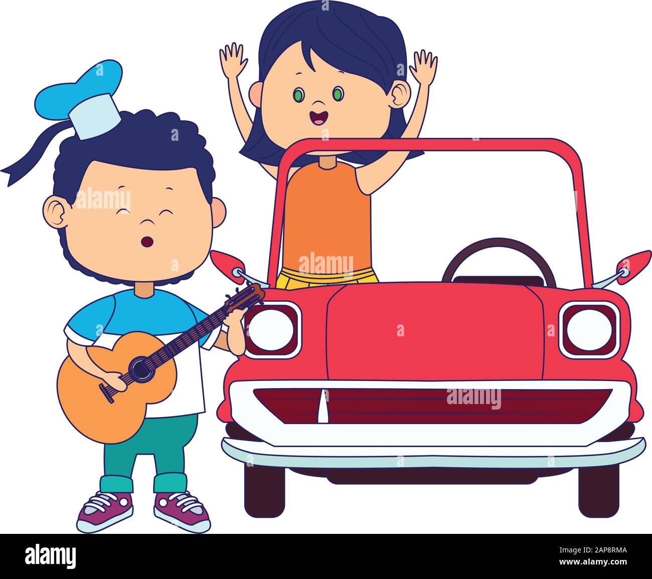 dessin animé garçon chantant et jouant de la guitare et de la fille dans une voiture classique, design coloré Illustration de Vecteur