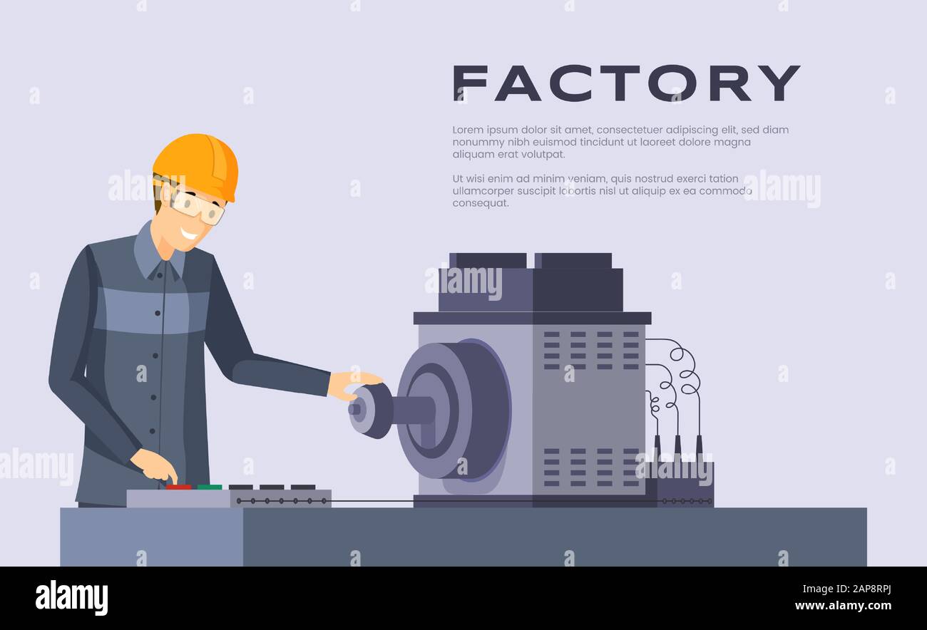 Modèle vectoriel de bannière plate d'usine. Concept de poster sur le travail, l'emploi et le travail des opérateurs de établi. Travailleur de l'usine de fabrication, illustration de l'ingénieur de production avec typographie Illustration de Vecteur