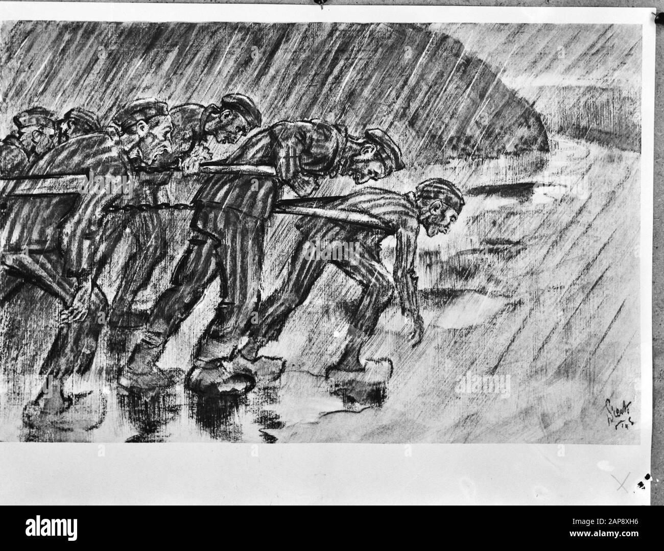 Le siècle du moteur. Juifs pour une voiture lourde à Buchenwald. Dessin d'Henri Pieck Date : 28 décembre 1945 mots clés : camps de concentration, dessins, seconde Guerre mondiale Nom personnel : Pieck, Henri Banque D'Images