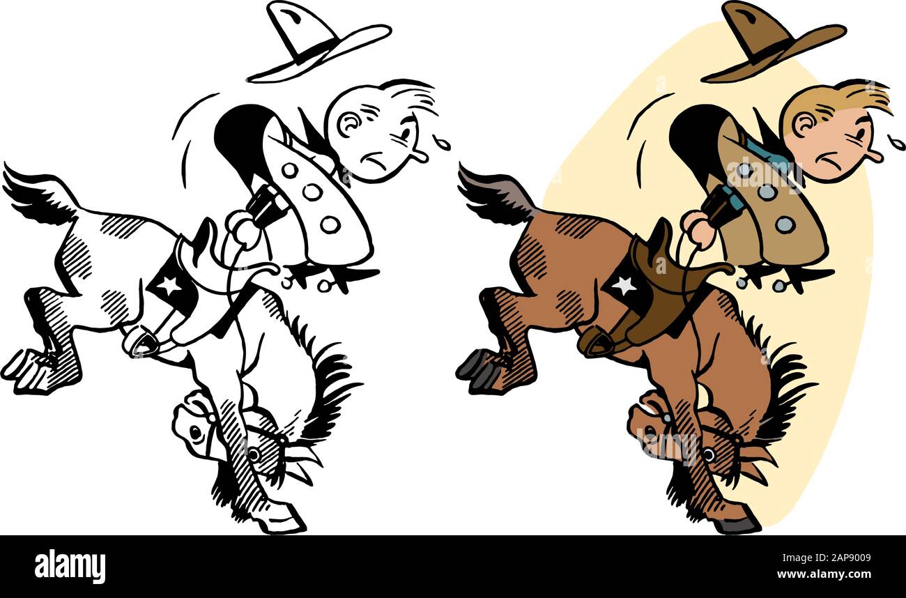 Un cowboy monte un bucking bronco dans un rodéo de performances. Illustration de Vecteur