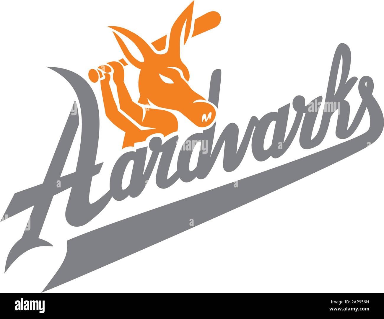 Illustration de l'icône mascotte d'un joueur de base-ball aardvark avec batting de chauve-souris avec le texte de script 'Aardvarks' vu de côté sur un arrière-plan isolé en rétro Illustration de Vecteur