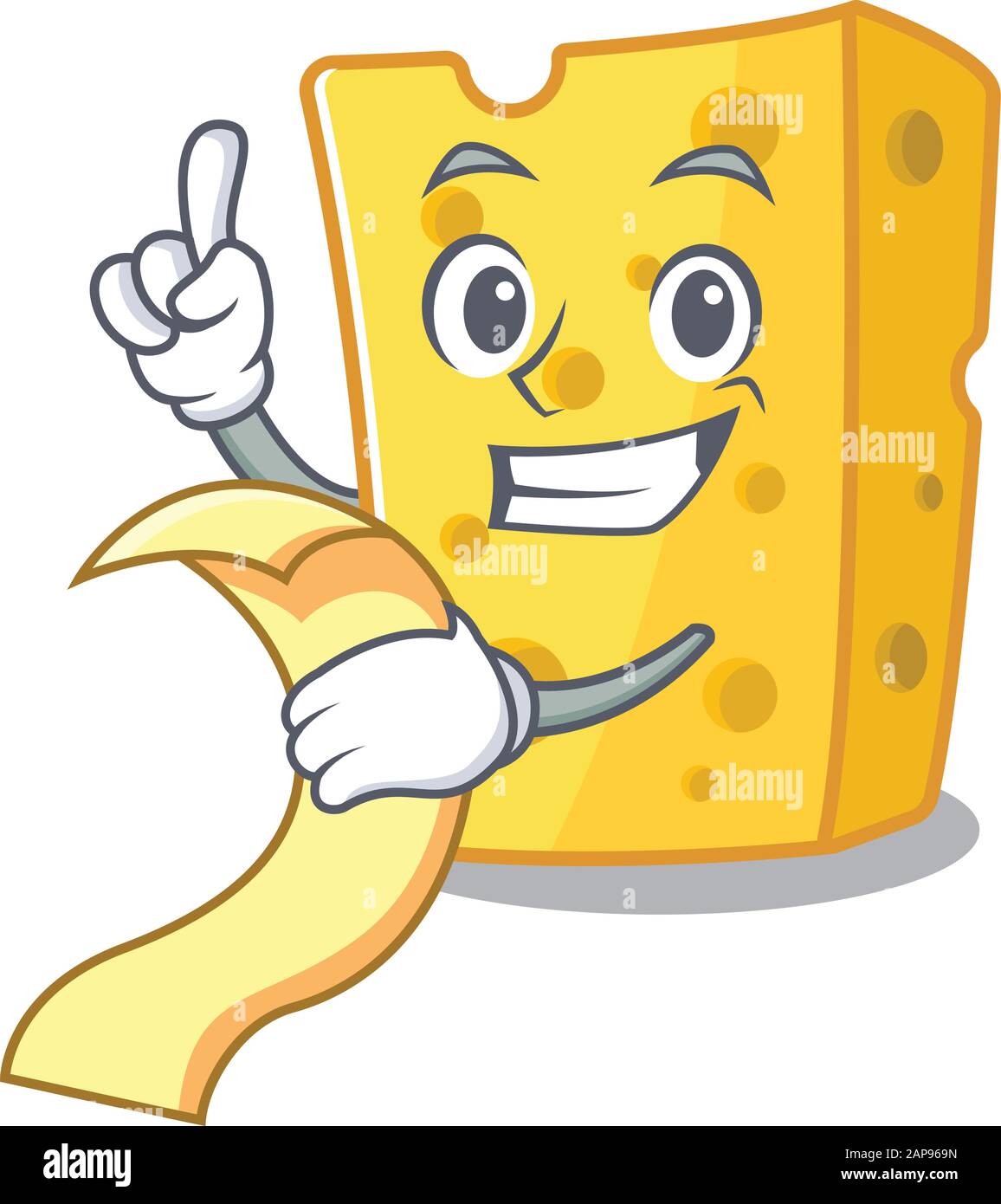 Un drôle de personnage de dessin animé de fromage emmental avec un menu ...