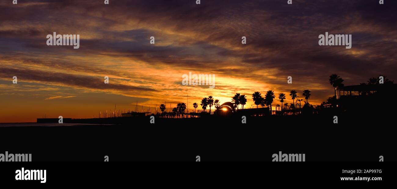 Lever de soleil spectaculaire à la plage de Valence, Espagne. La silhouette des palmiers et des nuages violets dans un ciel spectaculaire. Banque D'Images