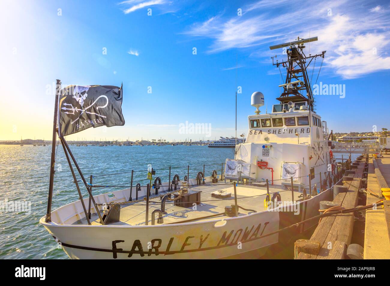 San Diego, Navy Pier, Californie, ÉTATS-UNIS - 1 août 2018:Farley Mowat Ship of the Sea Shepherd conservation Society, contre la chasse à la baleine et Banque D'Images