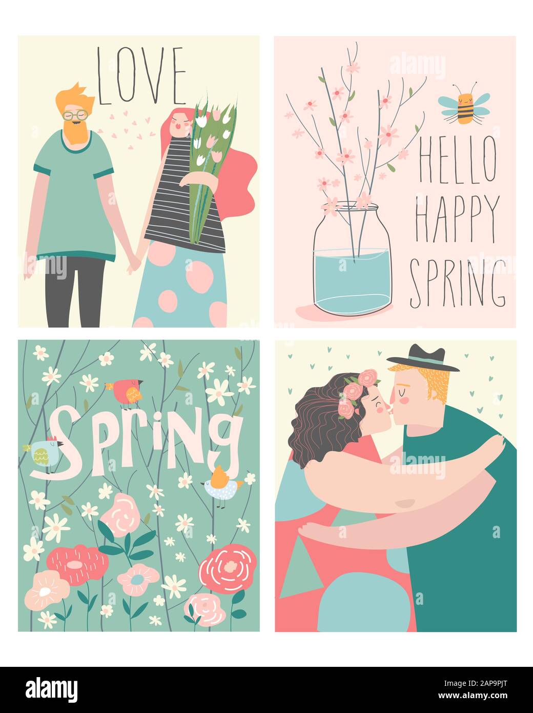 Ensemble de dessins animés de couples dans l'amour et les éléments de printemps Illustration de Vecteur