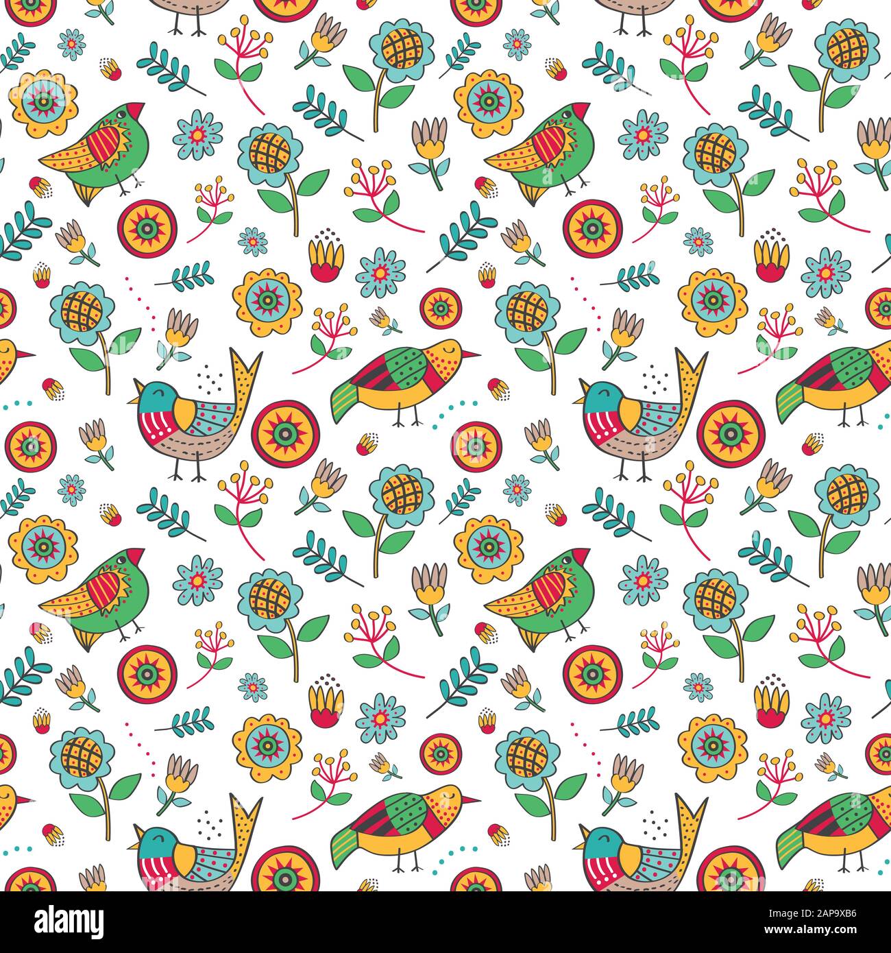 Motif sans couture avec un concept d'oiseau et de plante coloré dans le fond blanc. Illustration de Vecteur
