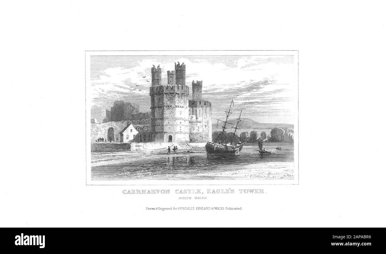 Gravure du début du XIXe siècle sur Eagle Tower, château de Caernarvon, Pays de Galles, Grande-Bretagne Banque D'Images