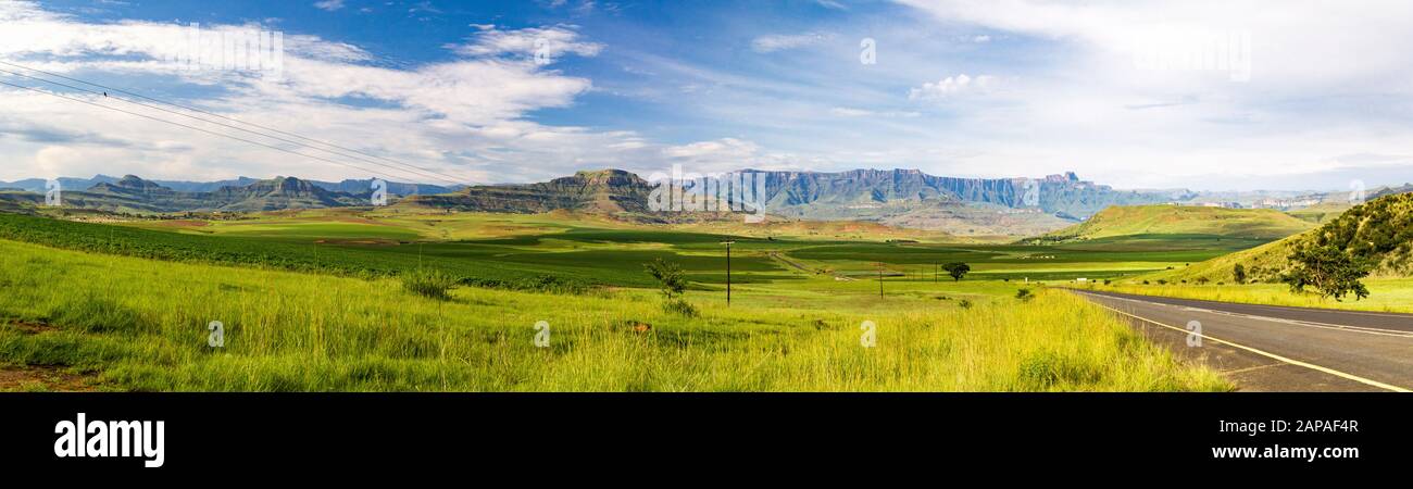 Panorama de l'amphithéâtre des montagnes du Drakensberg lors d'une journée d'été ensoleillée, parc national royal Natal, Afrique du Sud Banque D'Images