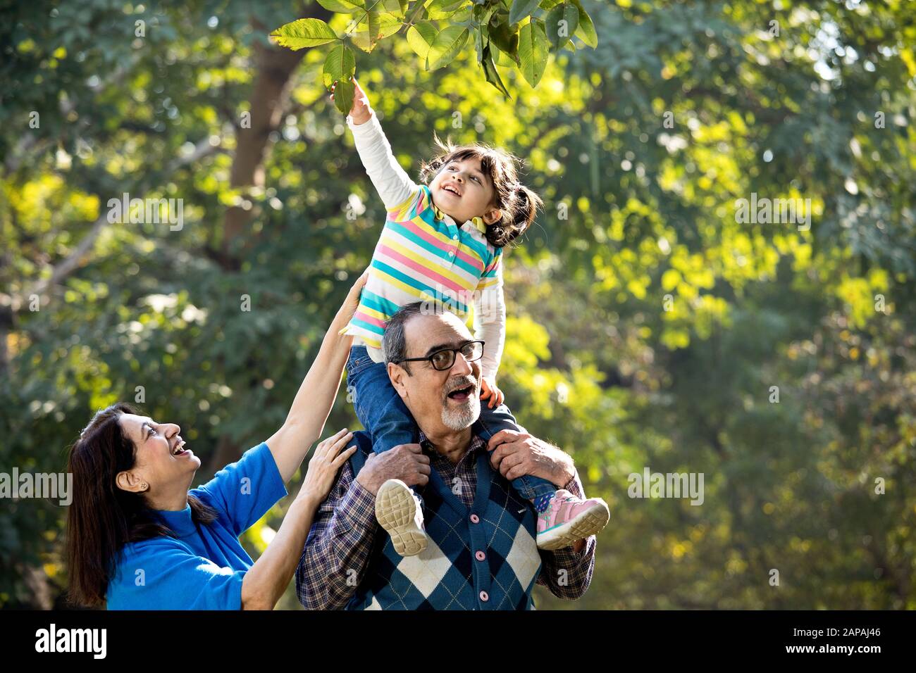 Grand-mère avec petite-fille assise sur l'épaule du grand-père au parc Banque D'Images