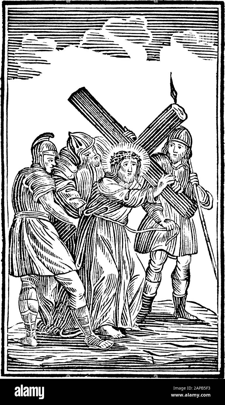 Ancienne gravure religieuse biblique ancienne ou dessin de la 2ème ou deuxième Station de la Croix ou Chemin de la Croix ou Via Crucis. Jésus Porte Sa Croix.Bible,Nouveau Testament,Mittlerer Himmelsschlussel, Neuhaus, Allemagne, 1840 Illustration de Vecteur