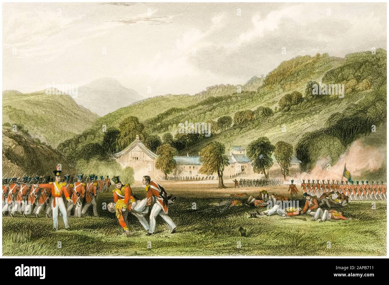 Première Guerre De L'Opium, Joss House, Chapoo : Mort Du Colonel Tomlinson, Gravure Vers 1842 Banque D'Images