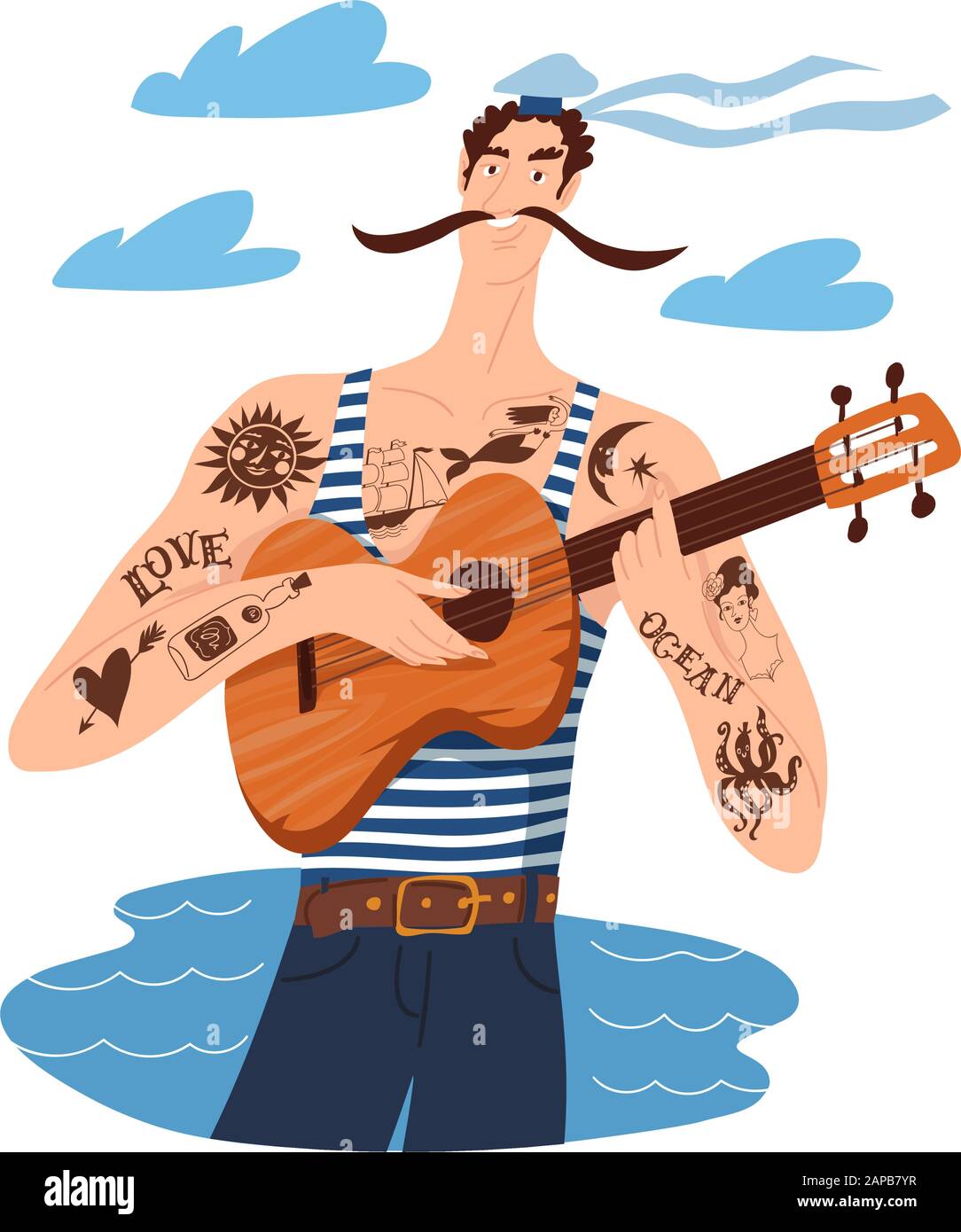 Art musical avec un marin de dessin animé et de la guitare de jeu de personnage Illustration de Vecteur