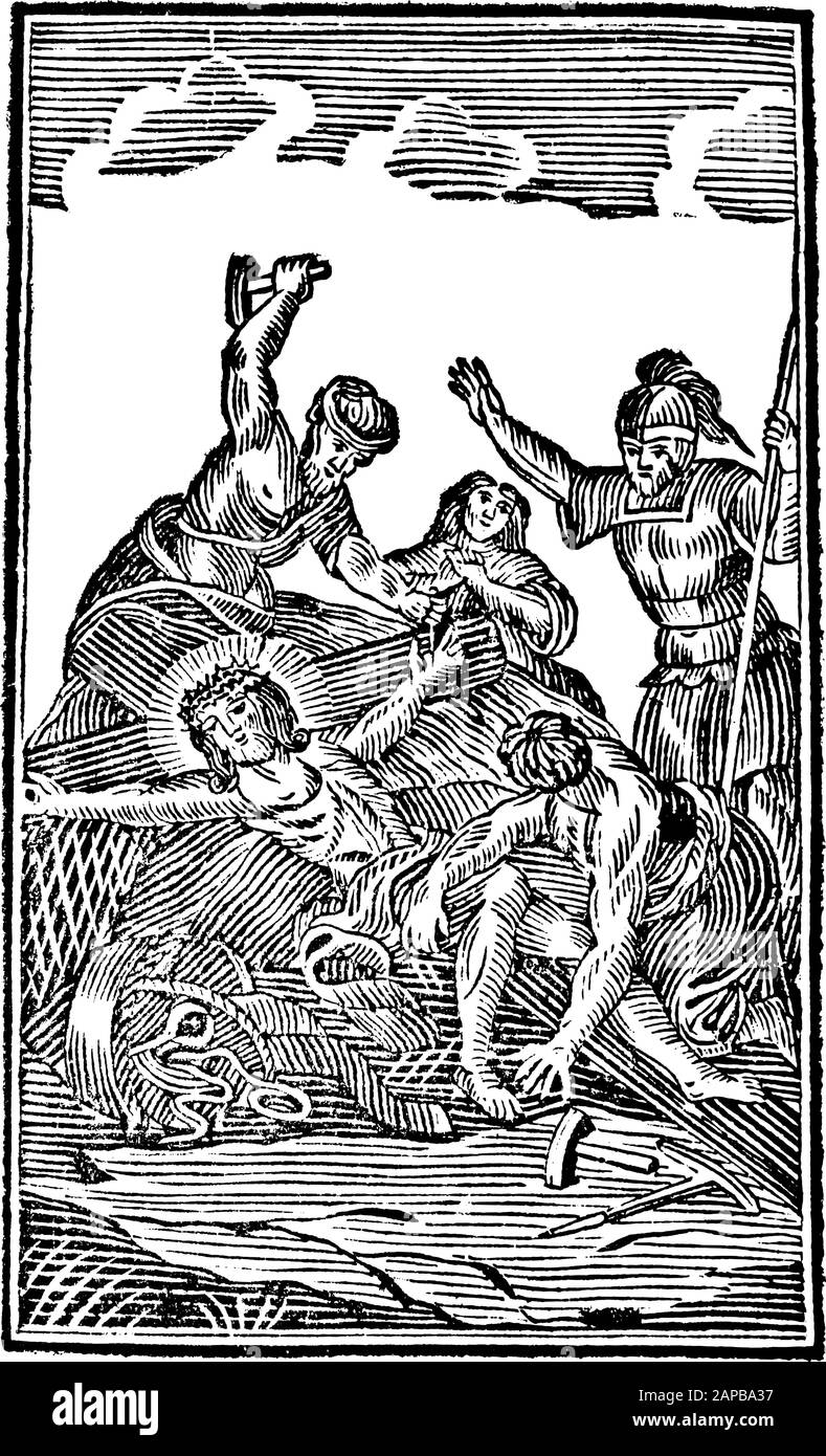 Ancienne gravure religieuse biblique ancienne ou dessin de 11ème ou onzième Station de la Croix ou Chemin de la Croix ou Via Crucis. Jésus est cloué à la croix.Bible,Nouveau Testament,Mittlerer Himmelsschlussel, Neuhaus, Allemagne, 1840 Illustration de Vecteur