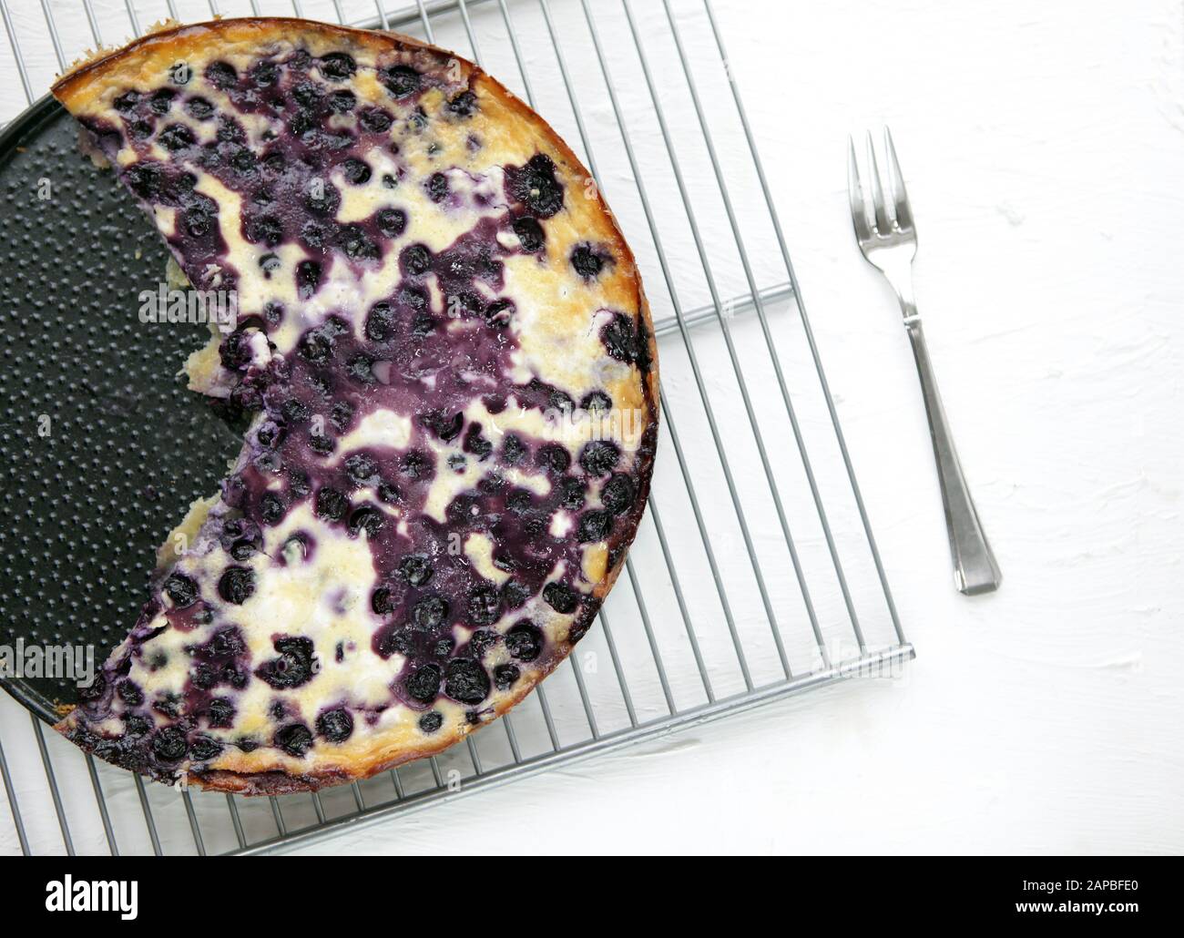 Tarte faite maison aux bleuets sur fond blanc et vue sur le dessus de la base métallique avec espace de copie. Gros plan sur un délicieux gâteau chaud frais. Tarte fraîche Banque D'Images