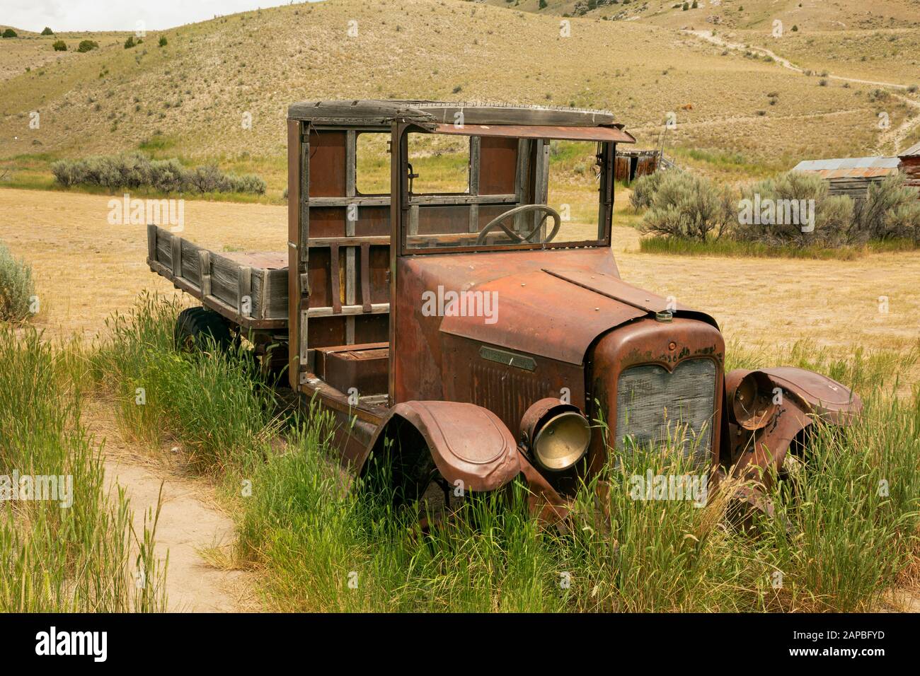 MT00423-00...MONTANA - un vieux camion est pris en herbe à côté du champ à Bannack, une ville fantôme dans le parc national de Bannack. Banque D'Images