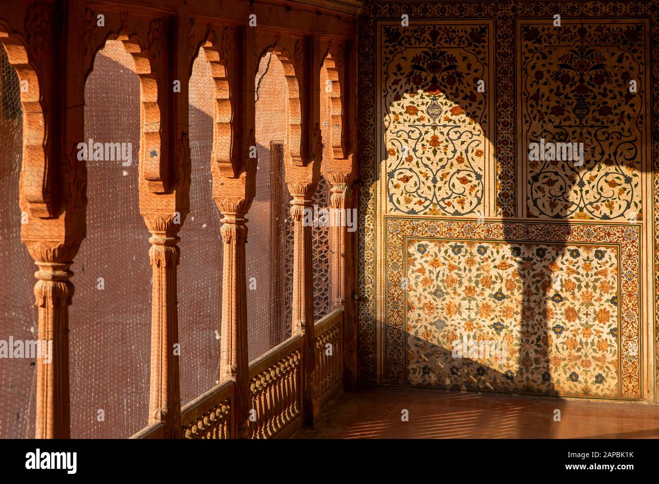 Inde, Rajasthan, Shekhawati, Bikaner, centre-ville, fort de Junagarh, lumière bien que des piliers sur des murs peints pour ressembler à la pieta dura pierre incrustées au-dessus D'UN Banque D'Images