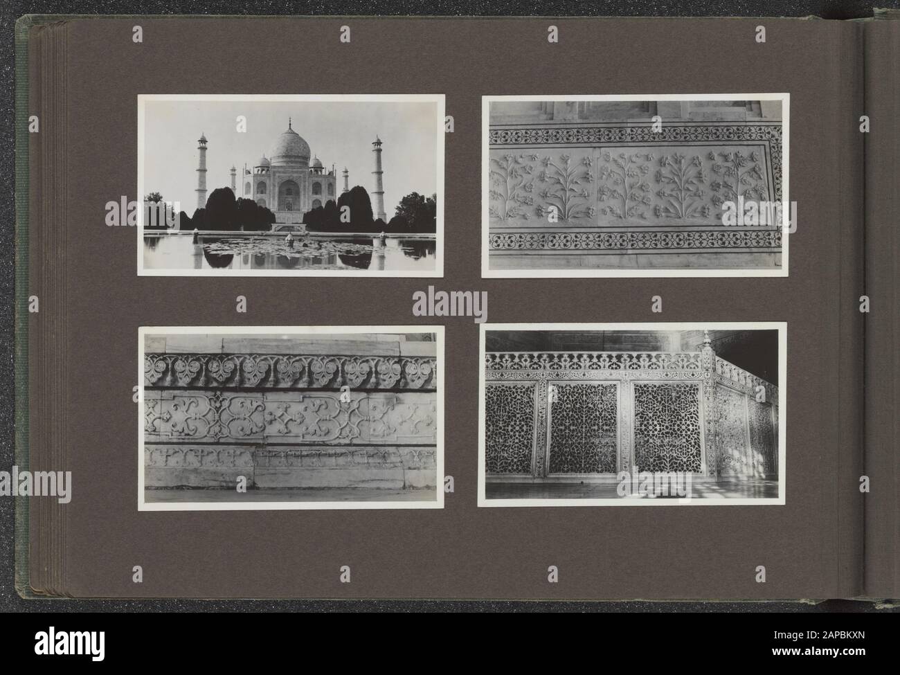 Photoalbum Fisherman : Antilles Britanniques, Népal, S.d.. (1932) Description: Albumblad avec quatre photos. En haut à gauche : le Taj Mahal. En haut à droite: Ornements dans le Taj Mahal. En bas à gauche : ornements dans le Taj Mahal. En bas à droite: Mur monumental avec ornements Date: 1932/01/01 lieu: Agra, Inde mots clés: Ornements, temples Banque D'Images