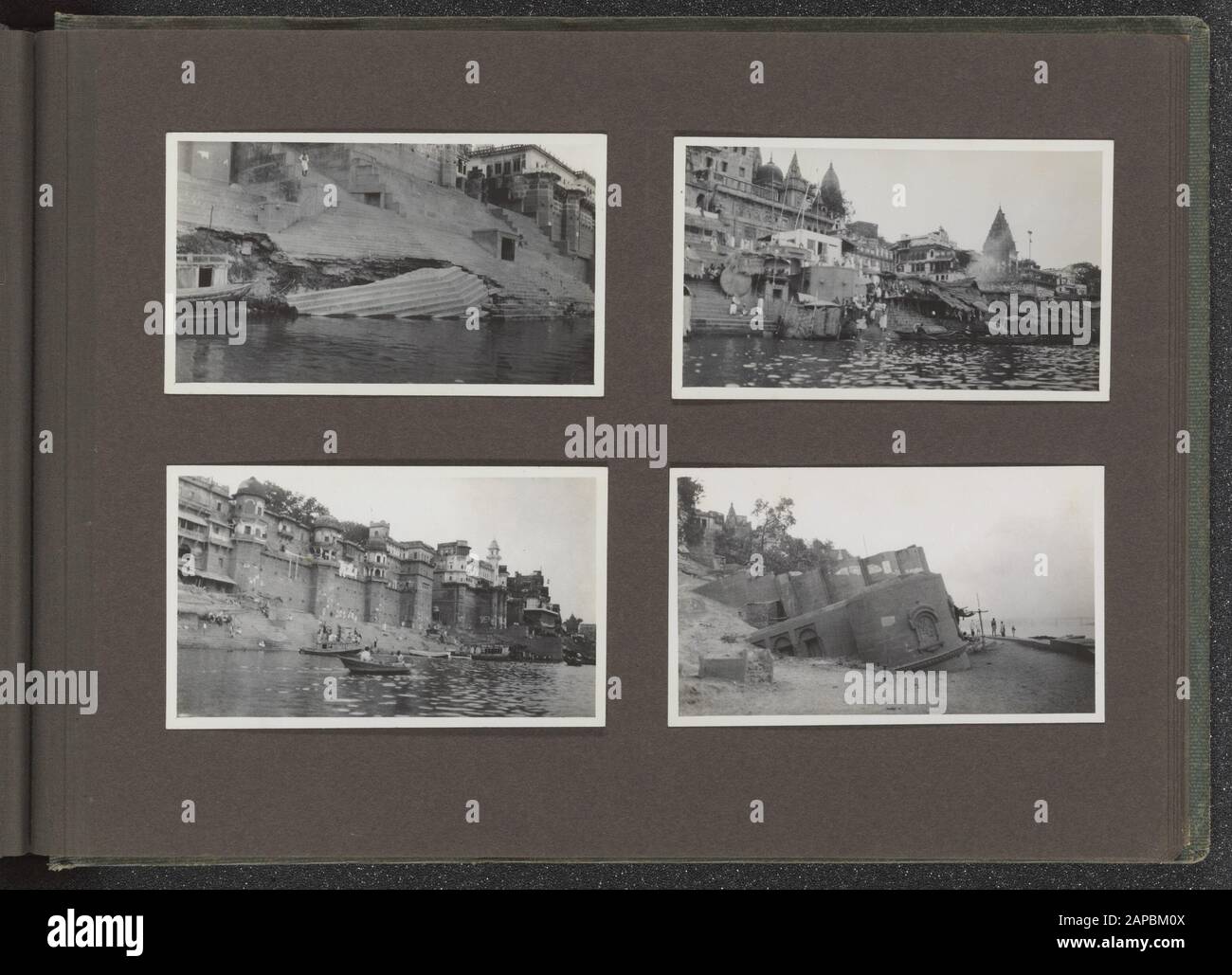 Photoalbum Fisherman : Antilles Britanniques, Népal, S.d.. (1932) Description: Albumblad avec quatre photos. En haut à gauche: Immense escalier à Benares qui a en partie péché dans le Ganges. En haut à droite : vue sur la ville de Benares sur le Ganges. En bas à gauche : vue sur la ville de Benares sur le Ganges. En bas à droite: Une partie du bâtiment (temple?) a chuté dans le lit du Ganges à Benares Date: 1932/01/01 lieu: Benares, Inde mots clés: Rivières Banque D'Images