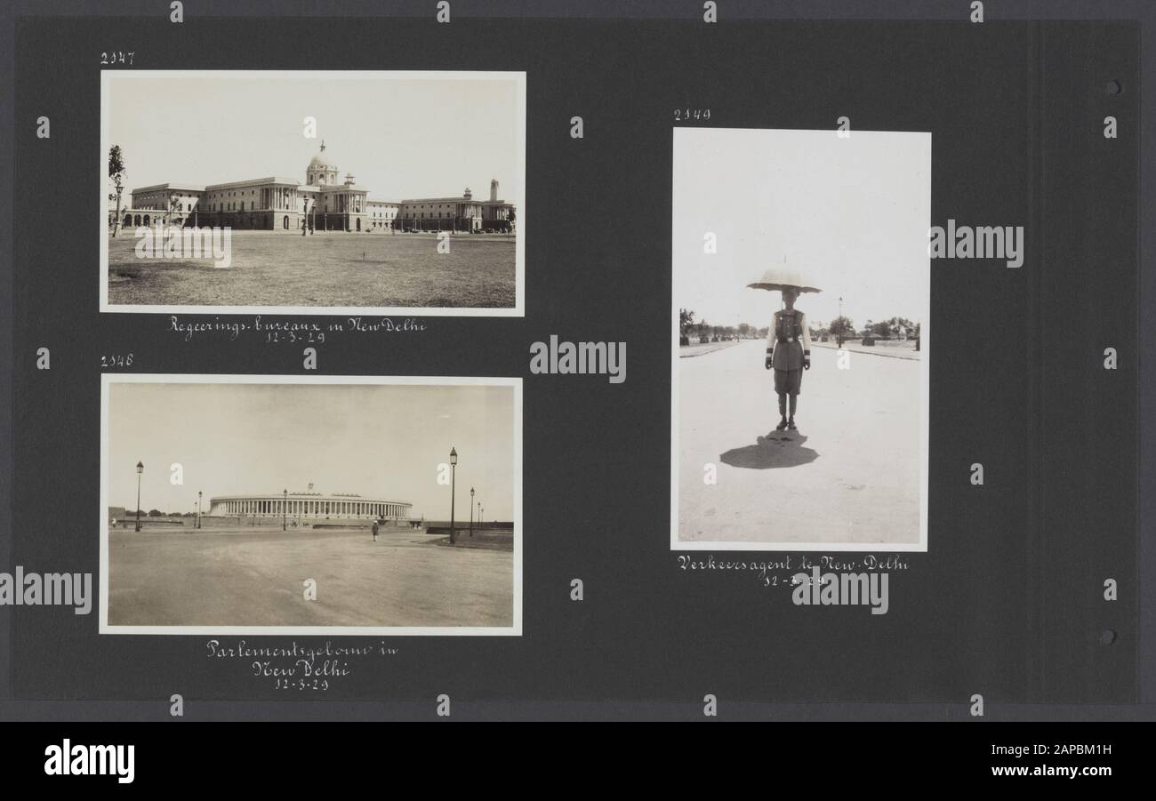 PhotoAlbum Fisherman: Third Karakoru expedition, 1929 Description: Album sheet with Three photos. Haut à gauche: Bâtiments gouvernementaux à New Delhi; en bas à gauche: Bâtiment du Parlement à New Delhi; cdp de la circulation à droite à New Delhi Date: 1929/03/12 lieu: Inde, New Delhi mots clés: Agents, bâtiments gouvernementaux Banque D'Images