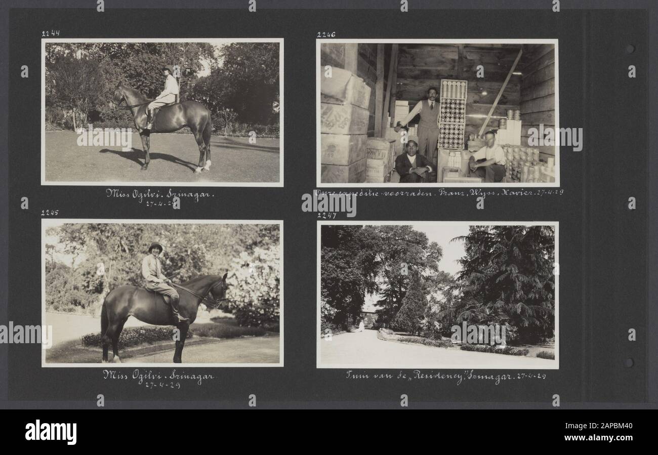 PhotoAlbum Fisherman: Third Karakoru expedition, 1929 Description: Album sheet with four Photographers. En haut à gauche et en bas: La fille de Ogilvi résident à cheval à Srinagar; à droite: Franz Lochmatter, Rudi Wyss et serviteur Xavier aux approvisionnements pour l'expédition à Srinagar; en bas à droite: Le jardin de la résidence britannique à Srinagar Date: 1929/04/27 lieu: Inde, Srinagar mots clés: Chevaux, jardins, stocks Nom personnel: Lochmatter, Franz, Ogilvi, [...], Wyss, Rudi Banque D'Images