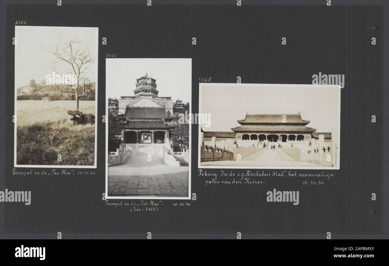 Album Photo Fisherman: Dutch East Indies, China, Japon, Pays-Bas, Suisse, 1930 Description: Albumblad Trois Photos. Gauche: Temple de l'Î.-P.-É. Hai à Beijing; milieu: Temple Î.-P.-É. Hai à Beijing [plus tôt dans l'album sous nr. 3067 comme temple chinois près de Malang en Indonésie]; à droite: Palais de l'empereur dans la Cité Interdite à Beijing Date: 1930/11/10 lieu: Chine, Beijing mots clés: Palais, temples Banque D'Images
