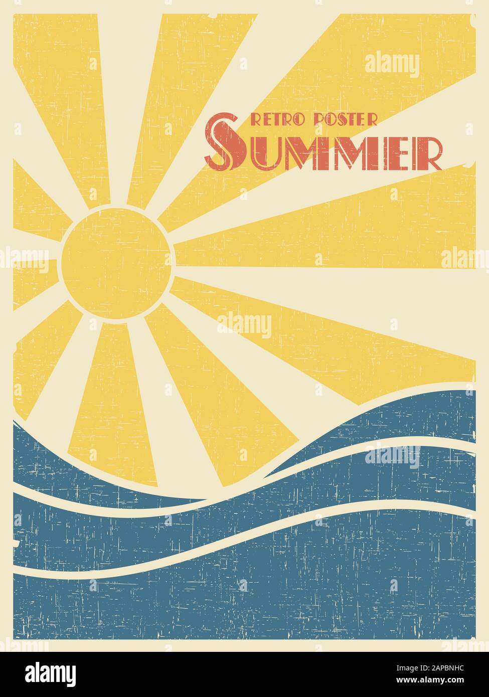Affiche rétro de l'été. Soleil sur les vagues de la mer. Style grunge vintage Illustration de Vecteur