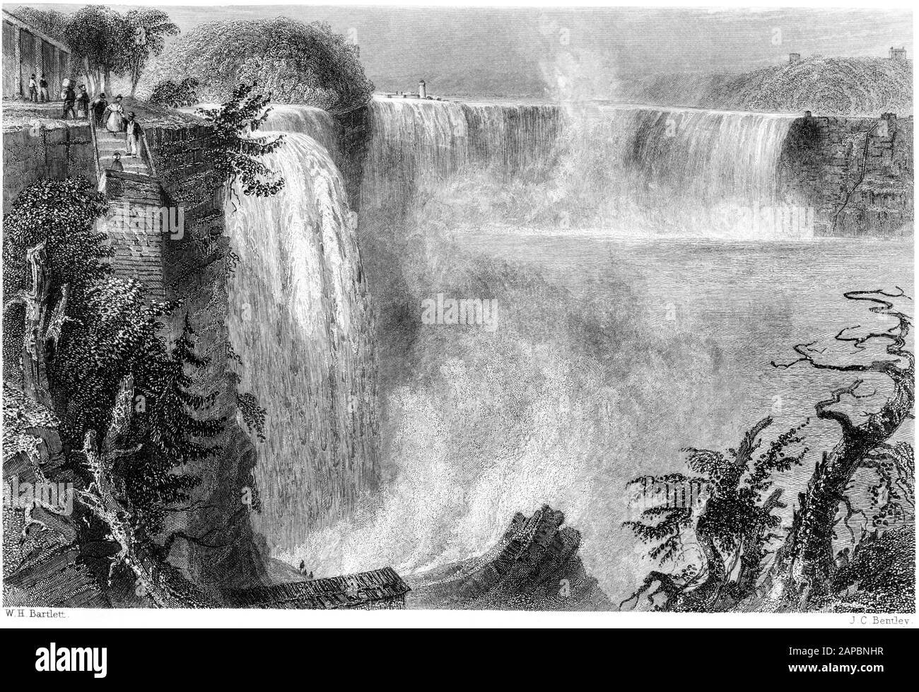Une gravure de Niagara Falls (du dessus de l'échelle du côté américain) numérisée à haute résolution à partir d'un livre imprimé en 1840. Banque D'Images