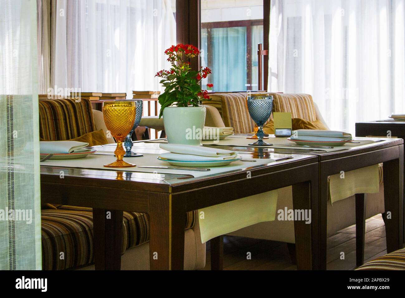 Restaurant européen moderne avec table en bois et canapé multicolore près de la fenêtre. Réglage de la table. Banque D'Images