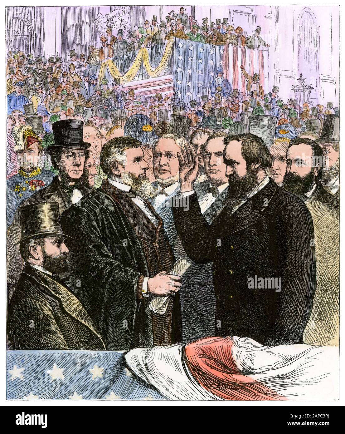 Rutherford B. Hayes prêtant serment de président au Capitole, 1877. Coupe de bois de couleur manuelle Banque D'Images