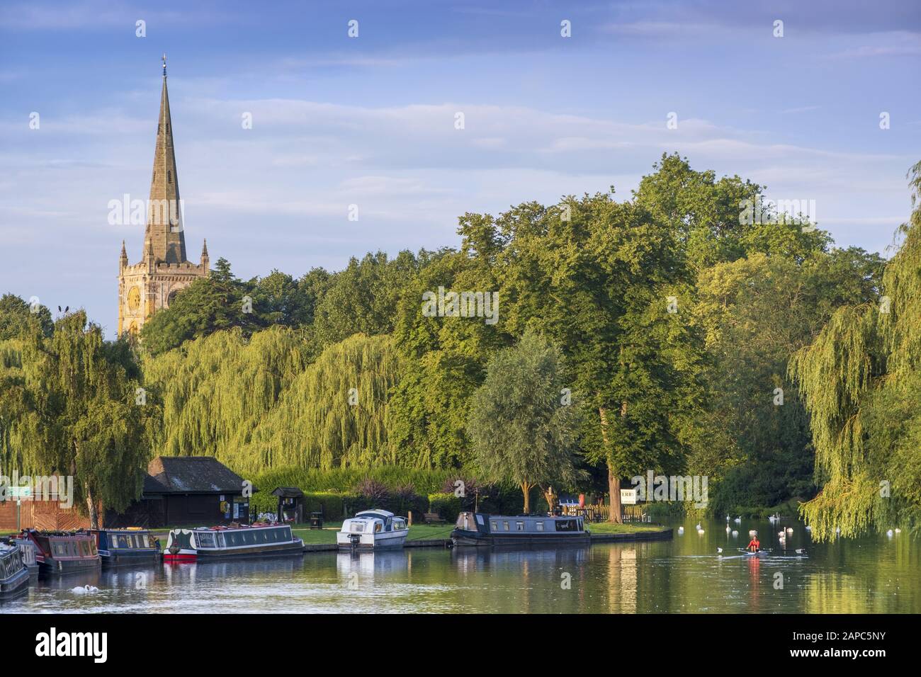 Vue sur la rivière Avon bordée de saules et la flèche de l'église Sainte-Trinité (lieu de sépulture de Shakespeare), Stratford-upon-Avon Banque D'Images