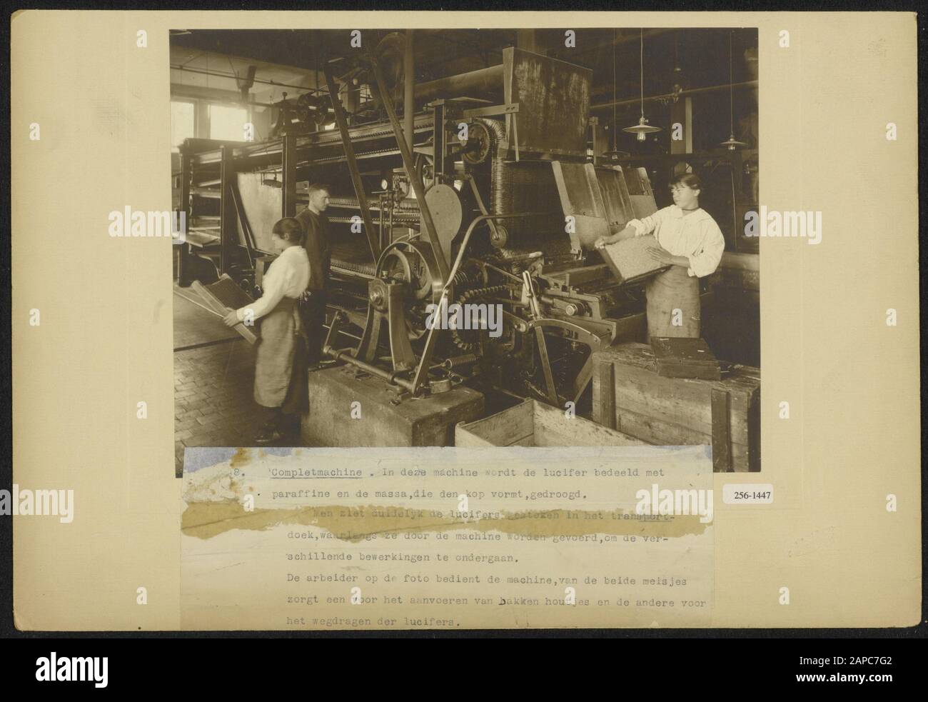Matchery Description De L'Industrie : 8. Machine complète ; dans cette machine, le match est distribué avec de la paraffine et la masse formant la tête est séchée ; les allumettes sont insérées dans le tissu de transport, le long duquel elles passent à travers la machine pour subir les différentes opérations ; L'homme utilise la machine, des deux filles l'une prend soin de l'alimentation des poubelles de bois et l'autre pour porter les matches Date: Non daté mots clés: Travailleurs, travailleurs, matchmakers, matchmach, machines Banque D'Images
