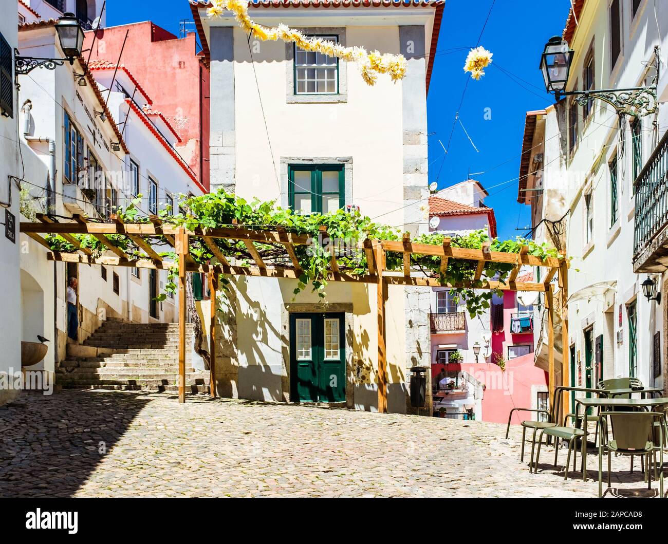 Petite place pavée décorée avec un auvent en bois et des vignes dans le quartier d'Alfama lors d'une journée de printemps ensoleillée. Banque D'Images
